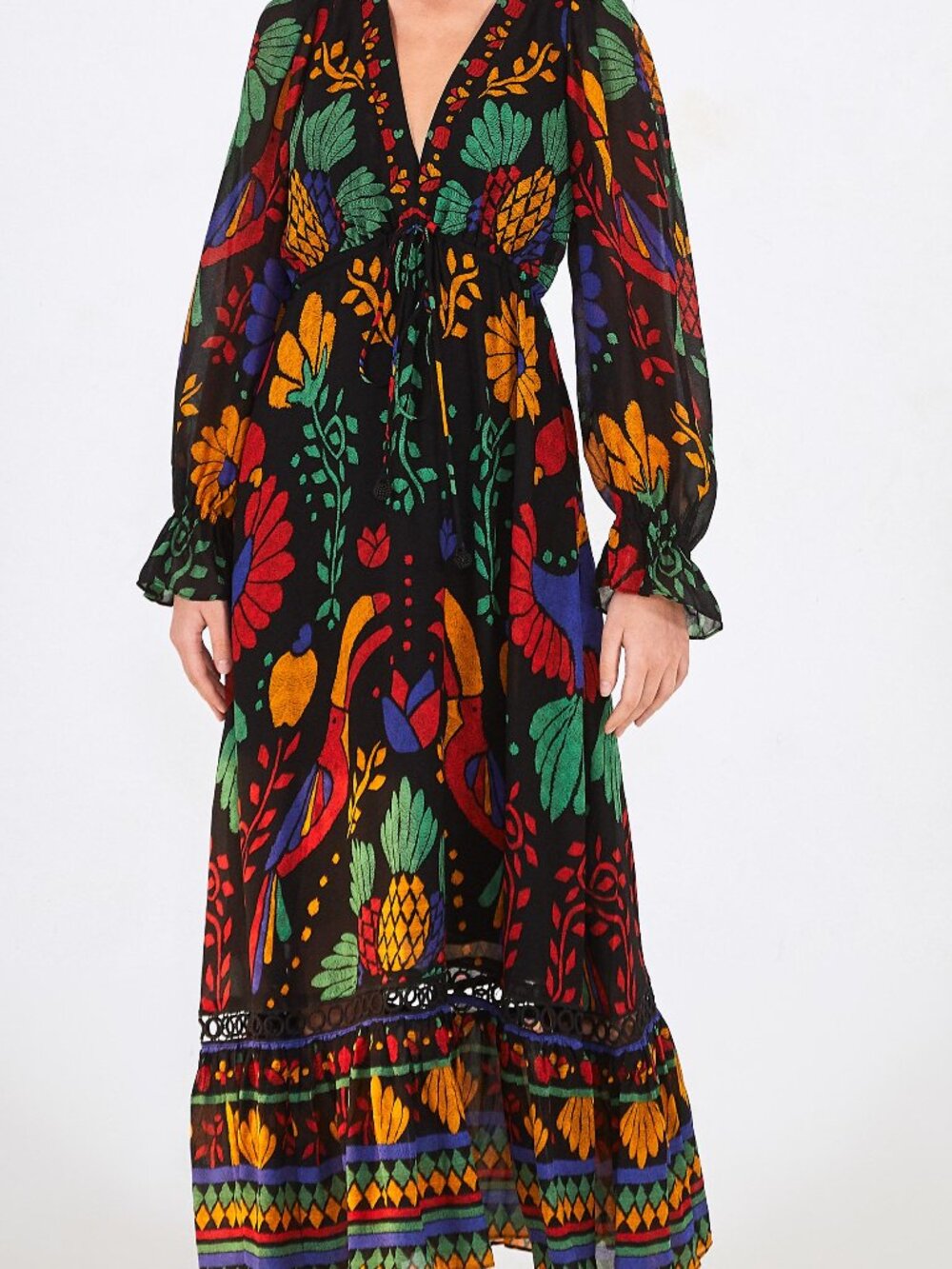 FARM RIO BLACK MAXI LONGSLEEVE DRESS TOUCAN PINEAPPLE COLORFUL TROPICAL PRINT XL
